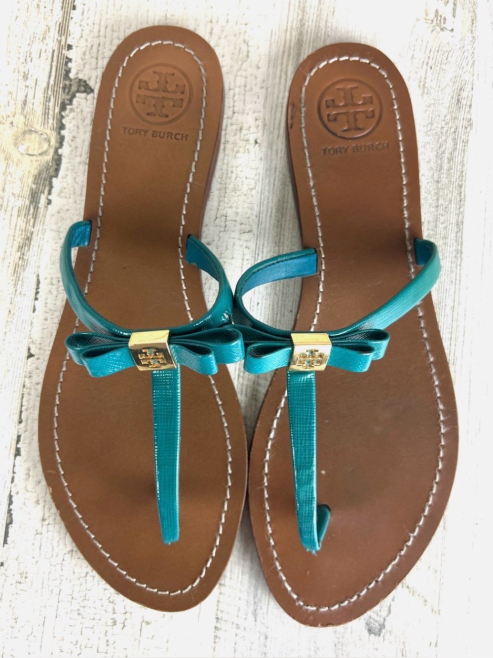 Tory Burch Leighanne Teal Blue Bow Thong Luxe Sandals